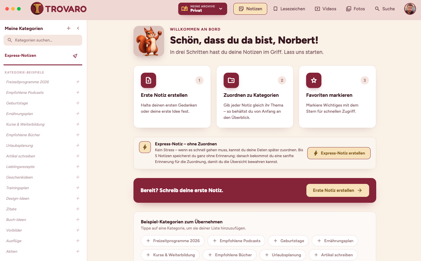 TROVARO App – Notizen-Ansicht